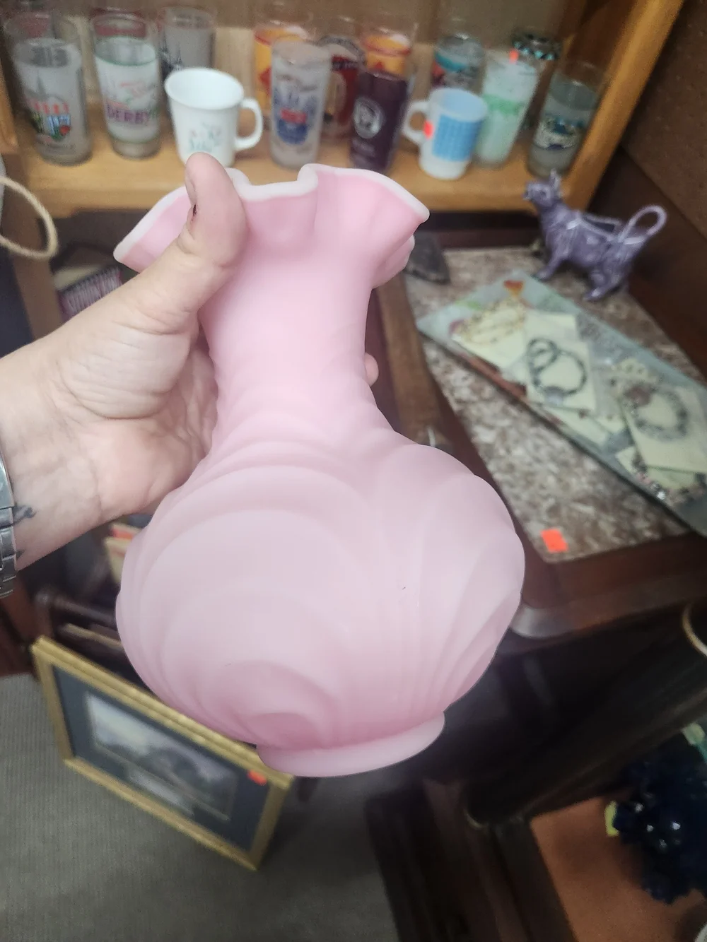 Fenton Pink Satin Glass Ruffled Vase